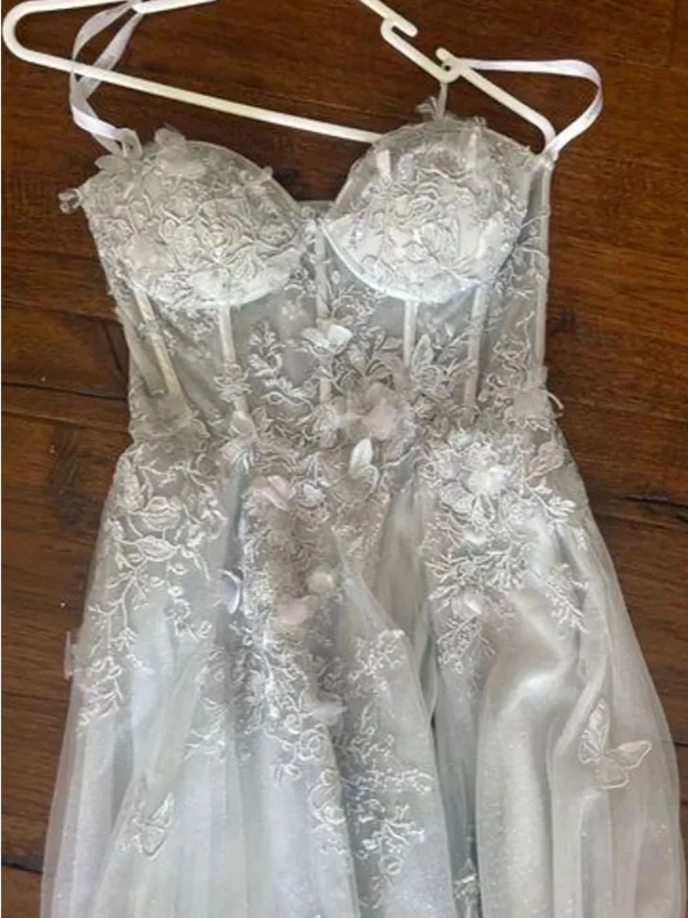 Elegant Light Gray Lace Corset A-Line Dress with Front Slit
